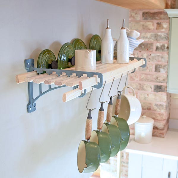 Traditional Kitchen Wooden Rack - 8 Wooden Laths with Smoke Blue Cast Iron Brackets