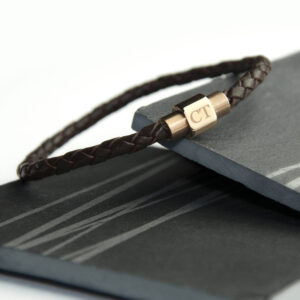 Personalised Mens Dark Brown Woven Leather Bracelet Rose Gold Clasp