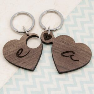 Couple Keyrings - Two Hearts Personalised Jigsaw Keyrings Solid Walnut