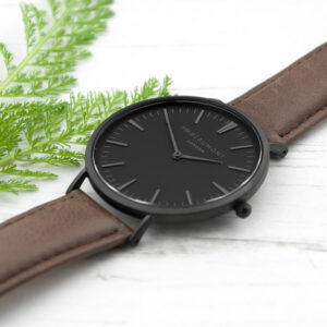 Mens Modern-Vintage Personalised Watch With Black Face in Brown