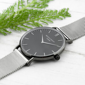Personalised Metallic Mesh Strapped Watch With Black Dial