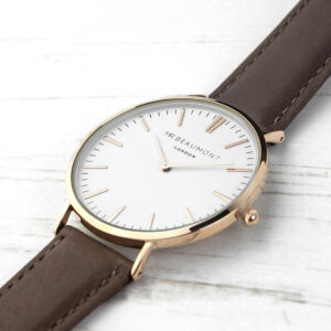 Personalised Mr Beaumont Leather Watch - Brown and Rose Gold
