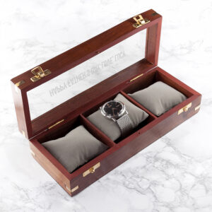 Personalised Wooden Watch Box with Grey Cushions and Glass Lid