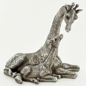 Giraffes Sculpture - Mother & Baby Antique Silver Finish Statue
