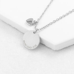 Personalised Family Necklace - Silver Heart & Disc Engraved Necklace
