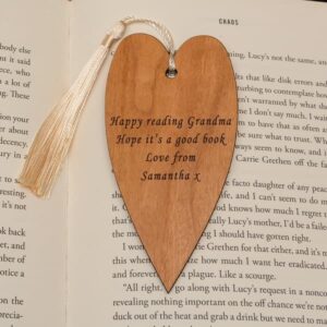 Personalised Wooden Bookmark - Engraved & Tassled Cherry Wood Heart