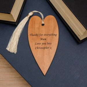 Personalised Wooden Bookmark - Engraved & Tassled Wood Heart
