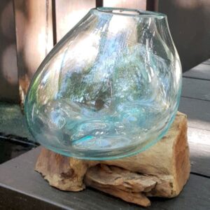 Molten Glass Bowl On Wood Hand Crafted Balinese Medium Bowl