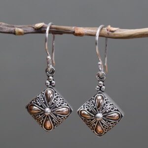 Gold & Silver Square Earrings Handmade 931 Silver & 18K Gold