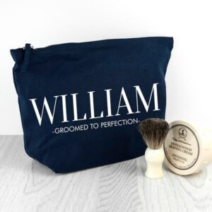Mens Cotton Wash Bag Personalised - Washable Navy Bag & White Words