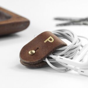 Monogrammed Brown Leather Earphones Holder