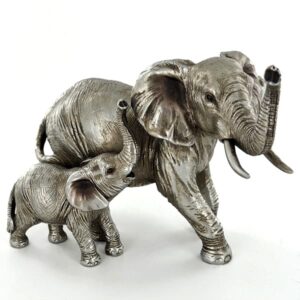Silver Resin Mother and Baby Elephants Sculpture