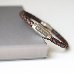 Mens Twisted Leather Bracelet Engraved in Your Own Handwriting