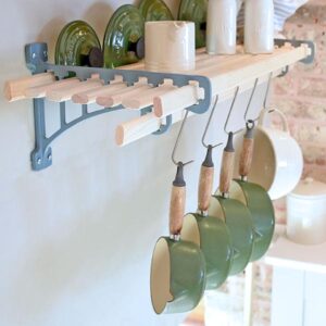 Traditional Kitchen Wooden Rack - Wooden Laths and Smoke Blue Cast Iron Brackets