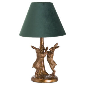 Golden Boxing Hares Lamp & Green Velvet Shade