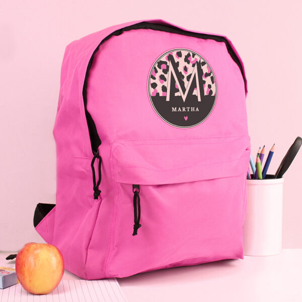 School Bag Charm Initial Pink Personalised Girls School Bag Leopard Print
