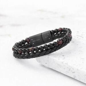 Mens Tiger Eye Personalised Bracelet Black Leather Beaded