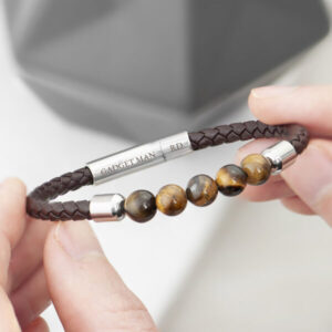 Personalised Mens Tiger Eye Bracelet - Woven Brown Leather