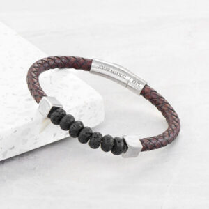 Woven Brown Leather Personalised Mens Lava Stone Bracelet
