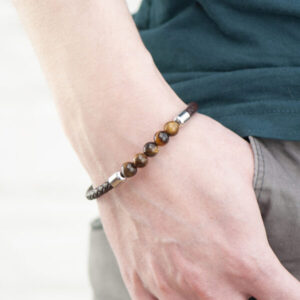 Woven Brown Leather Personalised Mens Tiger Eye Bracelet
