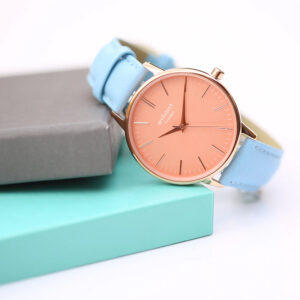 Pink Face Blue Leather Personalised Watch