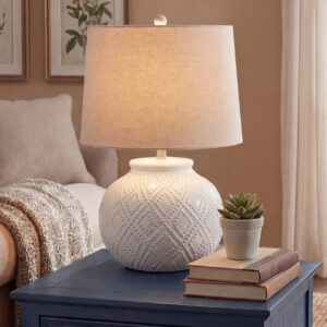 White Beaded Ceramic Lamp | Squat Design with Linen Shade
