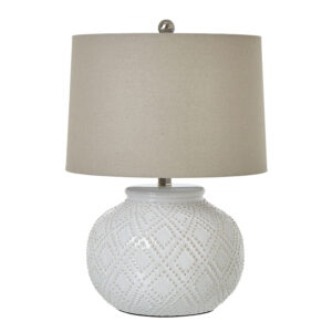 Squat White Beaded Ceramic Lamp - Linen Shade