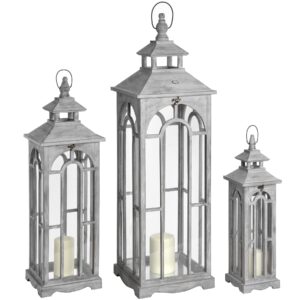 Set of 3 Grey Wooden Archway Lanterns | LED Candle Lanterns
